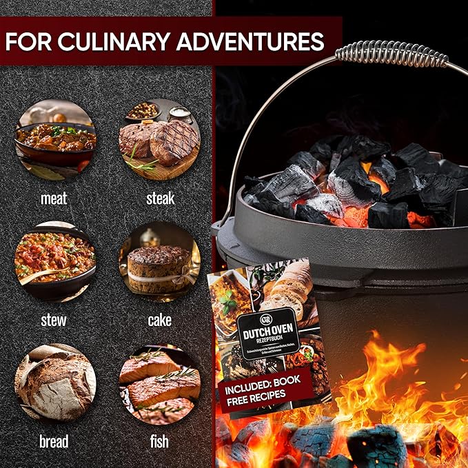 Pre-Seasoned Dutch Oven Set - 9 Quart Cast Iron Dutch Oven Pot with Lid, Fire Pot with Feet for Bread Baking & Cooking - Includes 2-in-1 Lid Lifter, Brush & Recipe Book [for 4-7 People]