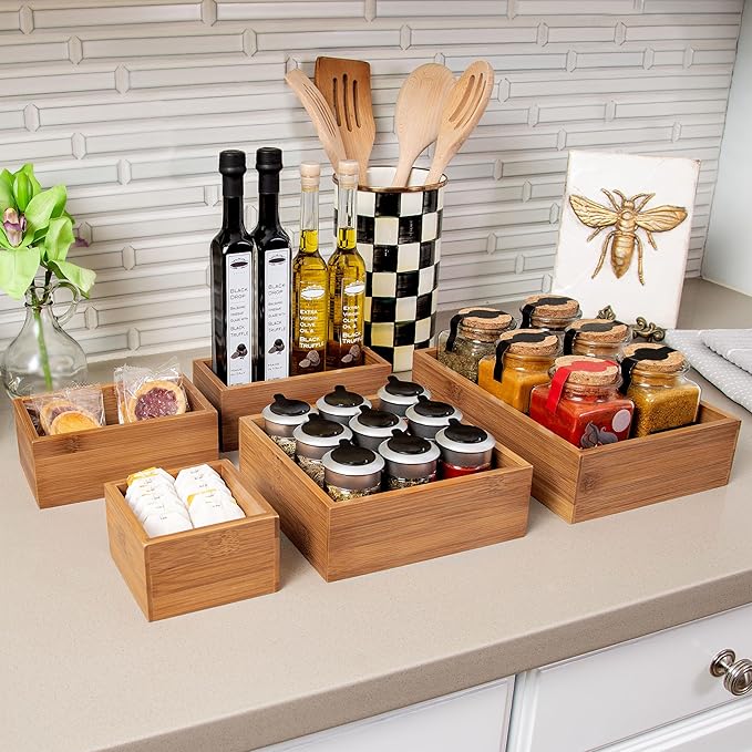 Seville Classics Bamboo Premium Organizer Storage Bins for Kitchen Silverware, Pantry, Closet, Office Desk, Pens, Utensils, Makeup, K Cup, Bamboo, Bin Set (5 Piece)