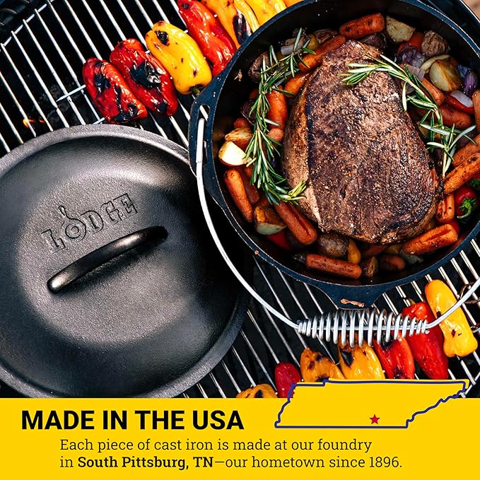 Lodge 9 Quart Pre-Seasoned Cast Iron Dutch Oven with Lid - Wire Bail Handle for Easy Transfer from Cooking Surface to Table - Use in the Oven, on the Stove, on the Grill or over the Campfire - Black