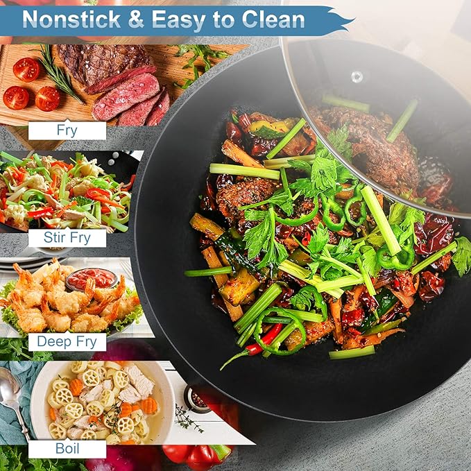 Carbon Steel Wok Pan with Lid & Wood Spatula, 12.5" Cast Iron Stir Fry Pan with Flat Bottom and Wooden Handle for Electric, Induction and Gas Stoves