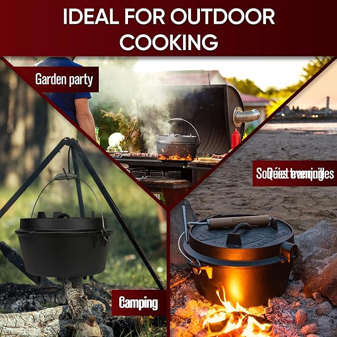 Pre-Seasoned Dutch Oven Set - 9 Quart Cast Iron Dutch Oven Pot with Lid, Fire Pot with Feet for Bread Baking & Cooking - Includes 2-in-1 Lid Lifter, Brush & Recipe Book [for 4-7 People]