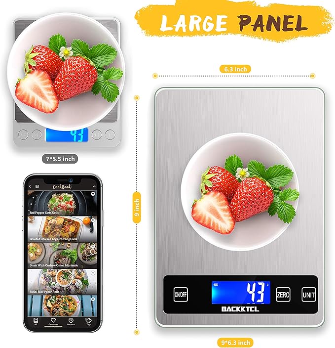 BACK KTCL''Cooking Master' 22lb Digital Kitchen Scale,Food Scale Measures in Grams and Ounces for Weight Cooking Baking,1g/0.1oz Precise Graduation,Stainless Steel and Tempered Glass