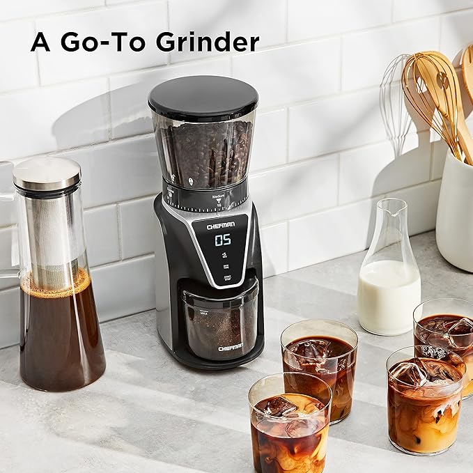 Chefman Conical Burr Coffee Grinder, Create The Boldest & Most Flavorful Grind With 31 Settings From Coarse To Extra Fine, One-Touch Digital Control & 9.7-oz Bean Capacity, Black