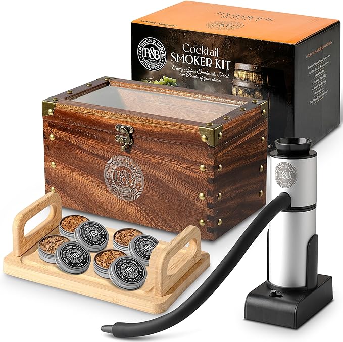 BOURBON&BARREL Cocktail Smoker Kit | Crafted with Walnut Wood | Whiskey Smoker Kit with Instant Smoker, Smoking Box, Food Tray and 4 Varieties of Wood Chips | Old Fashioned Drink Smoker [Walnut]