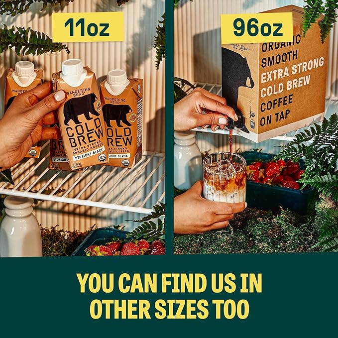 Wandering Bear Straight Black Organic Cold Brew Coffee - Extra Strong, Bold, Smooth, Unsweetened, Shelf-Stable, Ready to Drink, 100% Organic Iced Cold Brewed Coffee Drink - 32 fl oz, 3 pack