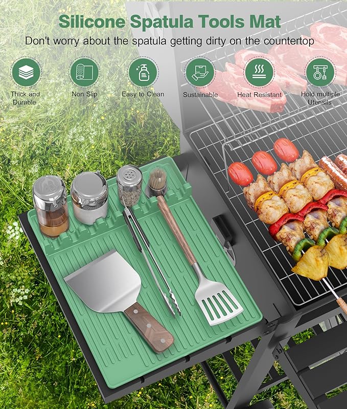 Silicone Griddle Tools Mat for Blackstone - Large Silicone Spatula Mat with Drip Pad - Griddle Mats BBQ Grill Accessories - Side Shelf Mats Grill Pad for Blackstone Griddles Accessories (Light Green)