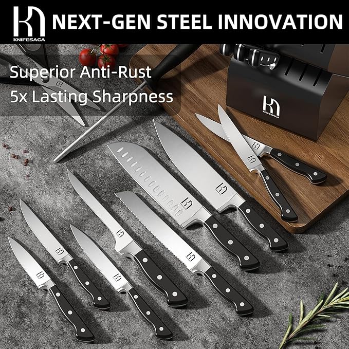Knife Set, 15 Pcs Kitchen Knife Block Set, Enduring Razor-Sharp Japanese High Carbon Stainless Steel Chef Knife Set with Block and Sharpener, Premium Black Knives Set for Kitchen
