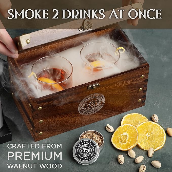BOURBON&BARREL Cocktail Smoker Kit | Crafted with Walnut Wood | Whiskey Smoker Kit with Instant Smoker, Smoking Box, Food Tray and 4 Varieties of Wood Chips | Old Fashioned Drink Smoker [Walnut]