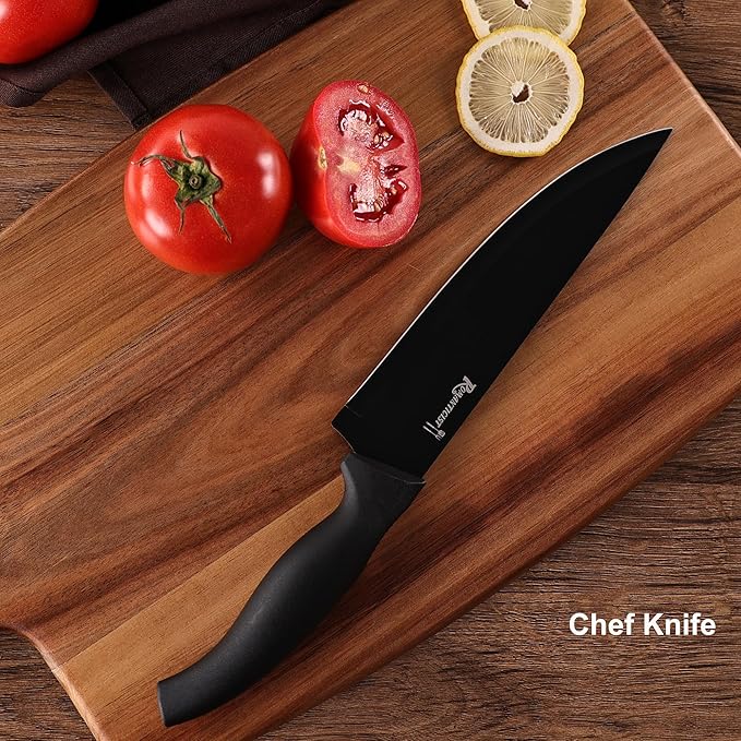 ROMANTICIST Knife Set, 10 Pieces Knife Block Set - Stainless Steel Kitchen Knives with Sharpener and Cheese Knife, Non-Slip Ergonomic Handles, Exquisite Knives Set - Stylish Black