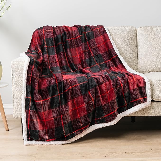 Pavilia Red Plaid Sherpa Throw for Twin, Plush Flannel Fleece Blanket and Throws, Soft Fuzzy Cabin Blanket for Sofa Bed, Warm Cozy Winter Gift, 60x80