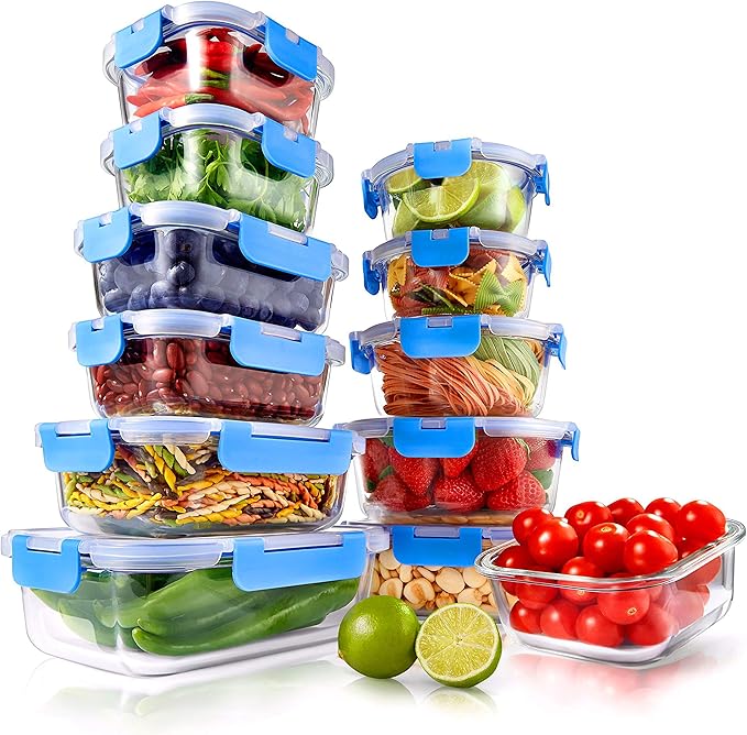 NutriChef 24pcs Glass Food Storage Containers, (12 Stackable Heavy Duty Meal Prep Containers w/ 12 Airtight Lids), Microwave, Freezer, & Dishwasher Safe for Food, Snacks, Fruit & More, (Blue)