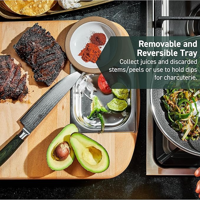HexClad Hybrid Beechwood Carving and Cutting Board with Stainless Steel Drip Tray, Carrying Handle, and Juice Trenches, Double-Sided