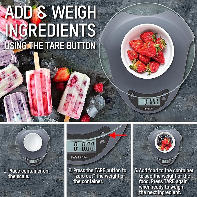 Taylor Digital Kitchen Scale with Glass Platform, Tare Button, and Plastic Body Weighs up to 11 Pounds Capacity, Silver