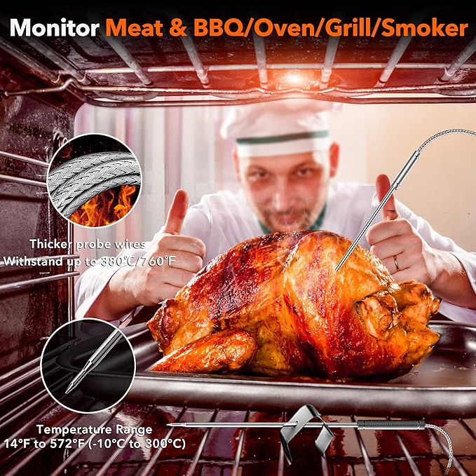 Yunbaoit Wireless Meat Thermometer, Digital Remote Food Cooking Meat Thermometer for BBQ Grill Smoker Oven Kitchen,500 FT Range&Dual Probes