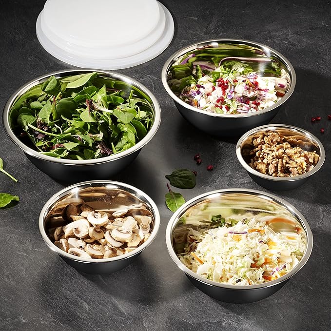 WHYSKO Stainless Steel Mixing Bowl Set, 10 Piece Stainless Steel Mixing Bowls with Lids Set for Food Prep Storage and Serving, Dishwasher Safe for Kitchen Baking Cooking, Black