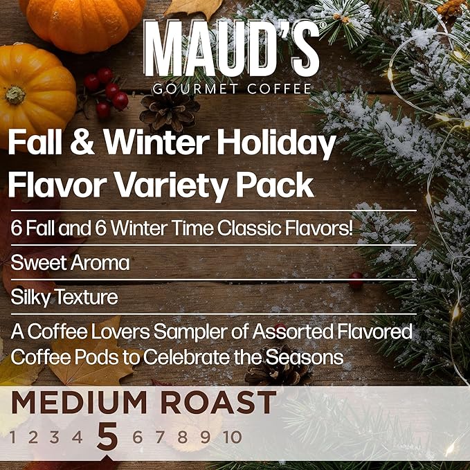 Maud’s Holiday & Fall Flavored Coffee Pods Variety Pack Bundle, 48ct, 11 Assorted Seasonal Flavors, Medium Roast Coffee in Recyclable Single Serve Pods 100% Arabica Coffee, Compatible with Keurig K Cups Maker