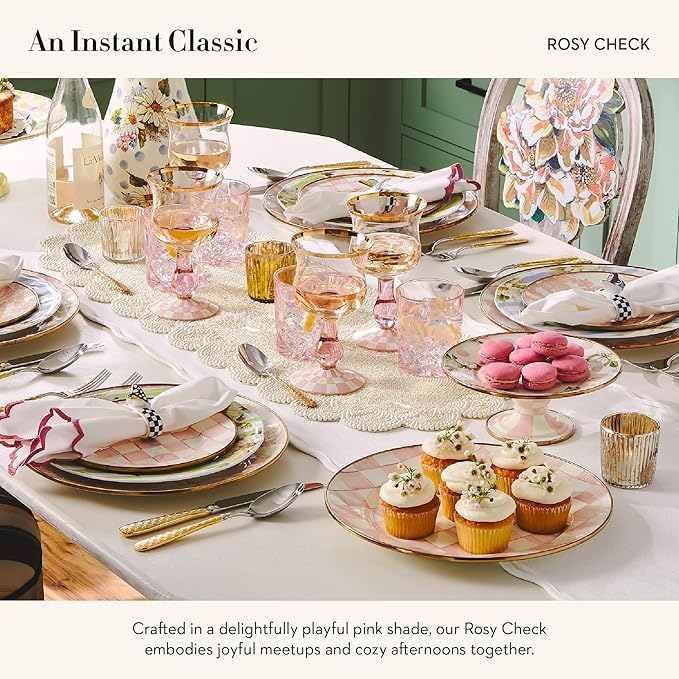 MACKENZIE-CHILDS Enamel Pedestal Platter, Round Cake Stand, Small, Pink-and-White Rosy Check