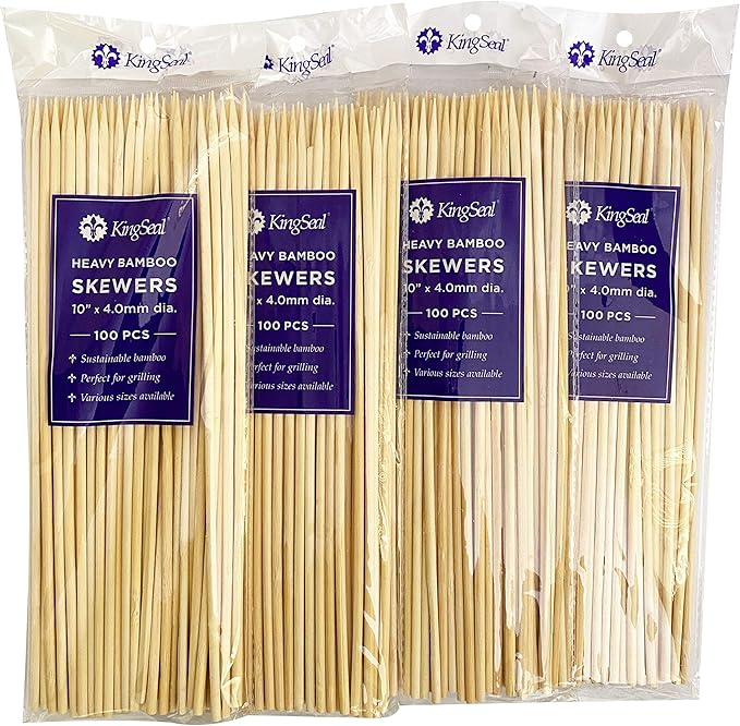 KingSeal Renewable Bamboo Heavy Weight Kebab Skewers, BBQ Sticks, 10 Inches x 3.8 mm Diameter, Retail Pack - 4 Bags of 100 (400 Count)