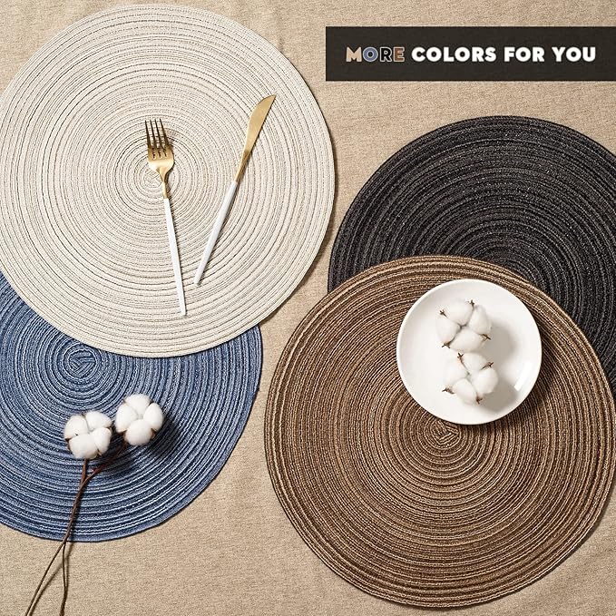 FunWheat Round Braided Placemats Set of 6 Easy Clean Place mats for Dining Tables Woven Heat Resistant Washable Table Mats 15 inches(Beige)