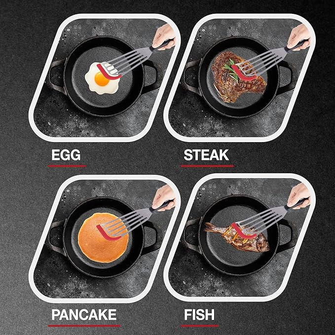 Fish Spatula Set of 2, Stainless Steel Fish Spatulas with Heat-Resistant Silicone Tips, Non-Scratch Design for Non-Stick Cookware, Silicone Slotted Spatula for Frying, Flipping Fish, Eggs & Pancakes