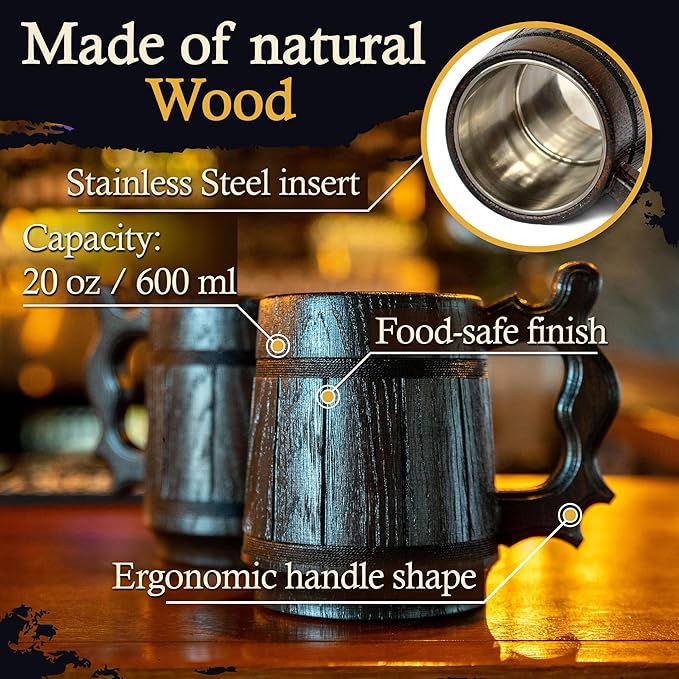 Beer Mug 20 OZ - Tankard Mug - Beer stein - Wooden beer mug - Stainless Steel Cup - Handmade Gifts for Men - Fathers Day, Christmas or Birthday Gift Idea - Men Mug - Retro Brown