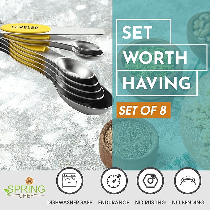 Spring Chef Yellow Stainless Steel Magnetic Measuring Spoons Set of 8 with Leveler, Dual Sided Metal Teaspoon & Tablespoon Measuring Spoons, Kitchen Gadgets for Baking & Cooking, Fits in Spice Jars