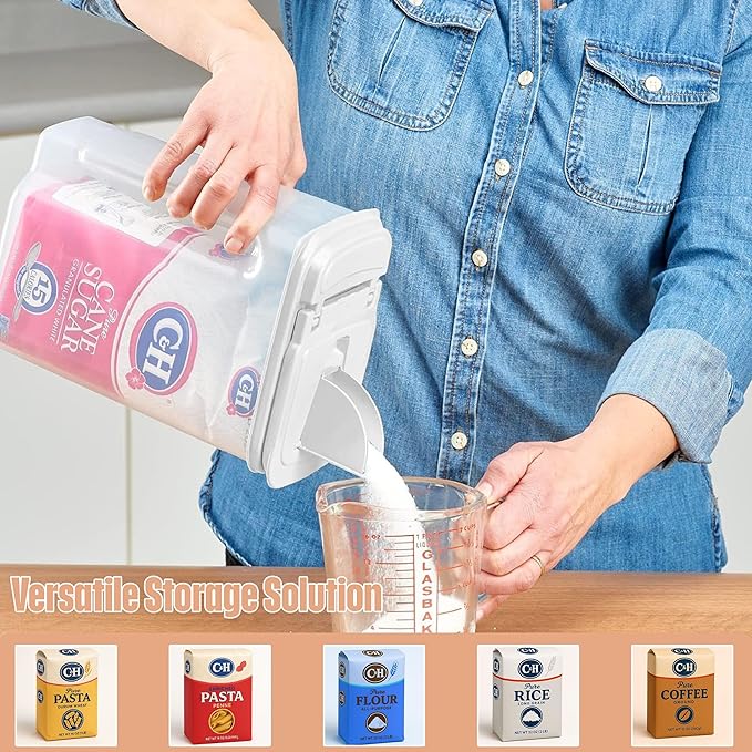 Buddeez Large Food Storage Container - 3.75 Quart Sugar Buddy, All Purpose Clear Kitchen Organization and Storage - Sugar, Flour, Cereal, Rice Dispenser, EZ Pour Spout & Easy Grip Handle (White Lid)