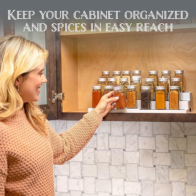 Oizeir Plastic 3-Tier Expandable Spice Rack, Adjustable Length, Stability with Non-Skid Shelf, For Easy Visibility, Organizer for Kitchen Cabinet, Pantry or Countertop, (2-Pack), White/Grey