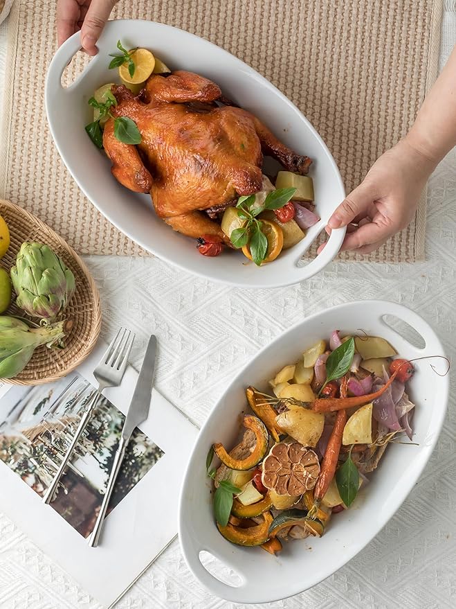 YHOSSEUN Large Serving Bowl with Handles, 1.5 Quarts Oval Serving Platter for Turkey, Thanksgiving Serving Dishes for Entertaining, Ceramic Salad Bowls Set of 2 White