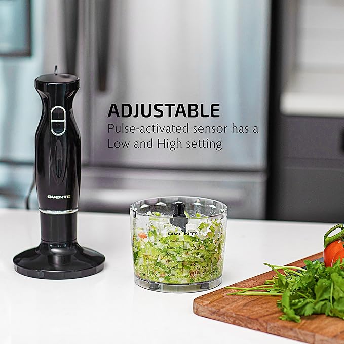 OVENTE Immersion Hand Blender, 300W Electric Handheld Portable Stick Mixer Set with 2 Mixing Speed, Stainless Steel Blades, Egg Whisk Attachment, Mixing Beaker and BPA-Free Food Chopper, Black HS565B