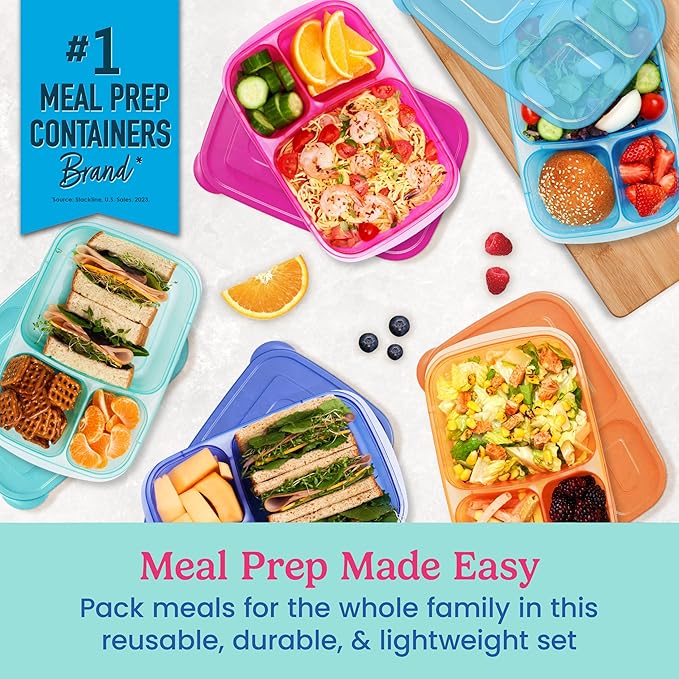 Bentgo Easyboxes - Original Stackable Lunch Boxes - Reusable 3-Compartment Food Containers for Kids and Adults - Bento Lunch Box for Meal Prep, School, & Work - BPA Free, Set of 10 (Jewel Brights)