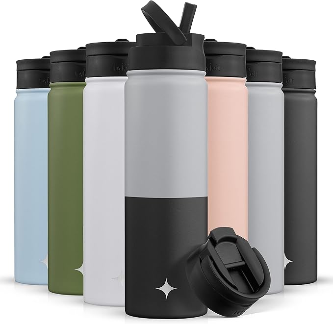 JoyJolt Triple Insulated Water Bottle with Straw Lid AND Flip Lid! 22oz Water Bottle, 12 Hour Hot/Cold Vacuum Insulated Stainless Steel Water Bottle. BPA-Free Leakproof Water Bottles - Thermos Bottle