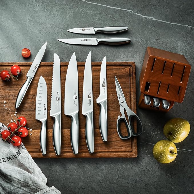 Klaus Meyer 13-Piece Kitchen Knife Set With Block, High Carbon Stainless Steel and Non-Slip Handles. Rust Proof And Dishwasher Safe Cutlery