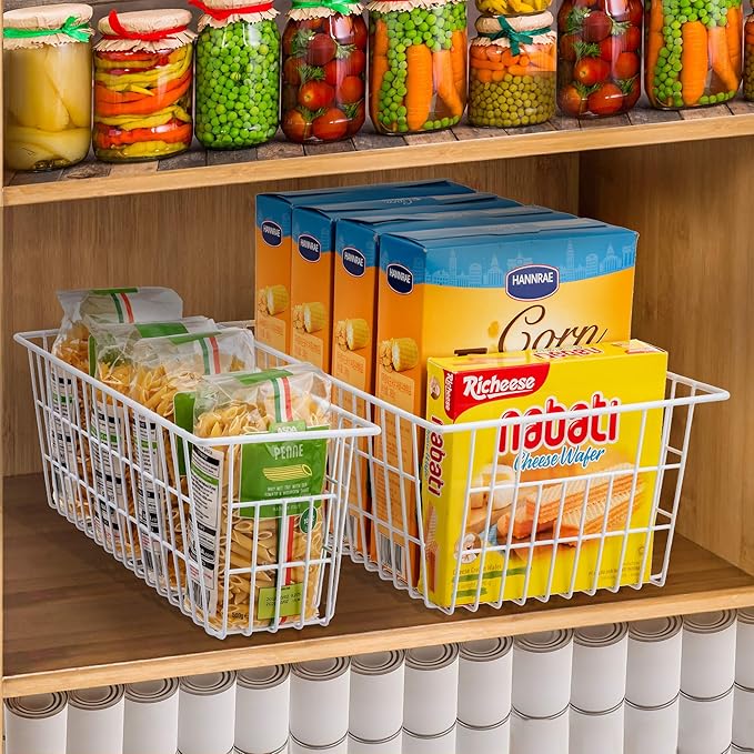 iPEGTOP Wire Storage Freezer Baskets, Set of 4 Large 15.4" Farmhouse Organizer Storage Bins Fridge Basket Rack with Handles for Kitchen Cabinets, Pantry, Office, Bathroom Organization - White