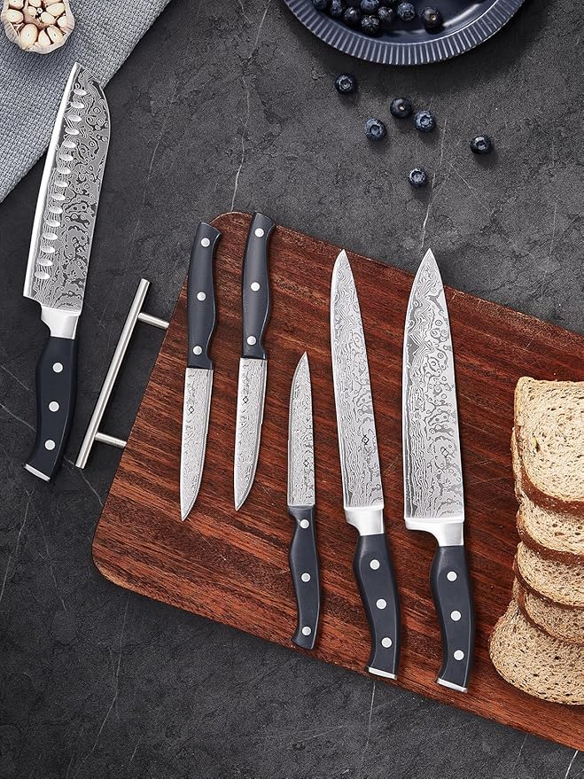 Knife Set, AMEGAT Knife Block Set with Advanced Self-Sharpening Technology, 14-Piece Waved Texture Kitchen Knives, Stainless Steel Knife Set with Block, Razor-Sharp and Full Tang Handle