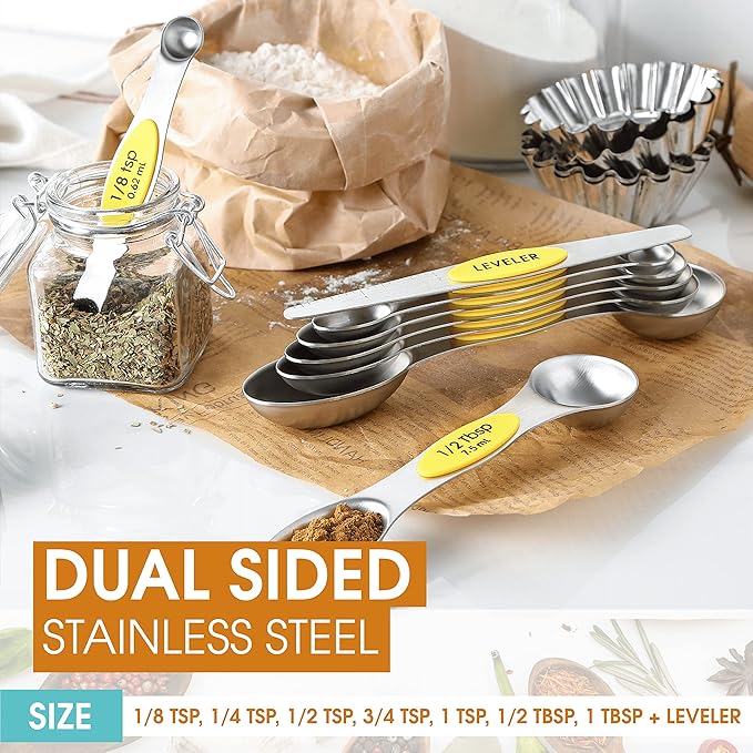 Spring Chef Magnetic Measuring Spoons Set, Dual Sided, Stainless Steel, Fits in Spice Jars, Yellow, Set of 8, 2 Pack