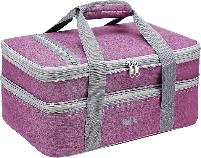 MIER Insulated Double Casserole Carrier Thermal Lunch Tote for Potluck Parties, Picnic, Beach, Fits 9 x 13 Inches Casserole Dish, Expandable by Mid Zipper, Purple
