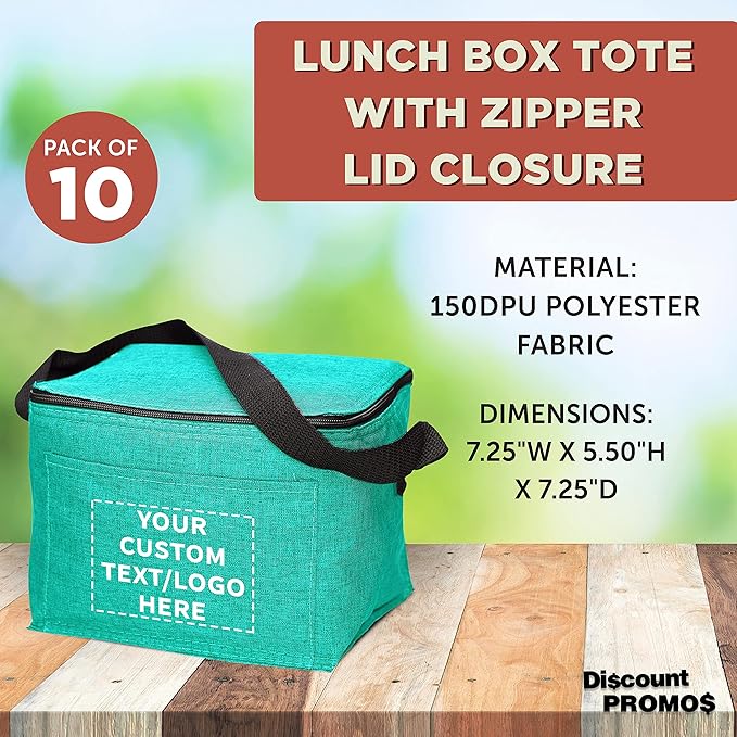 Custom Insulated Cooler Lunch Bag Set of 10, Personalized Bulk Pack - Perfect for Work, Travel, Outdoor Events - Mint