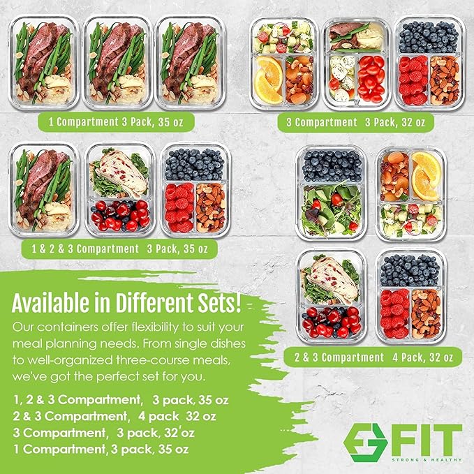 FIT Strong & Healthy Glass Meal Prep Containers with Lids, 1 & 2 & 3 Compartments – Portion Control Containers, Glass Lunch Box, Food Storage, Leak-Proof, Oven & Freezer Safe, 35 oz, Blue, 3 Pack