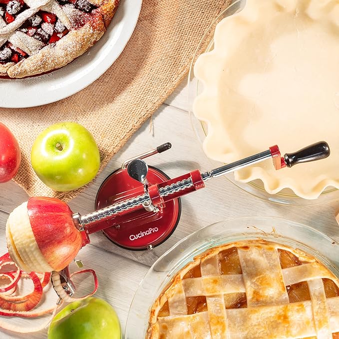 Apple Peeler and Corer - Durable Heavy Duty Chrome Cast Iron w Powerful Countertop Suction, Hand Crank for Fruits, Potatoes or Veggies, Picking Season- Thanksgiving Pie Dessert Baking, Holiday Gift