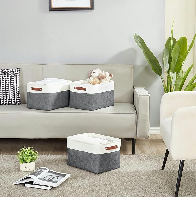 DECOMOMO Storage Baskets for Shelves - Fabric Storage Bins, Linen Closet Organizers and Storage (Slate Grey & White, XL - 3 Pack)