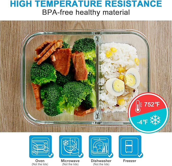 DAS TRUST 3 Pack Food Storage Containers 2 Compartments Glass Meal Prep Containers with Lids for Adult Food Prep Container with Dividers Reusable Lunch Bento Box