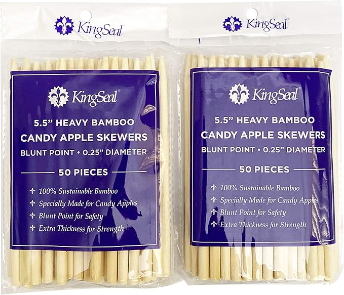 100 Count | KingSeal Natural Bamboo Wood Candy Apple Skewers, Sticks, 5.5 Inch x 6.5mm diameter, Blunt Point for Safety, Retail Pack - 2 Packs of 50 (100 Count)
