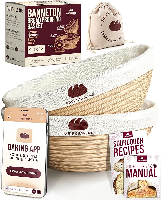 Superbaking Banneton Bread Proofing Basket Set of 2, 9" Splinter-Free Round Rattan Bread Basket with Liners, Sourdough Starter Kit, Sourdough Bread Baking Supplies & Sourdough Kit, Bread Making Tools