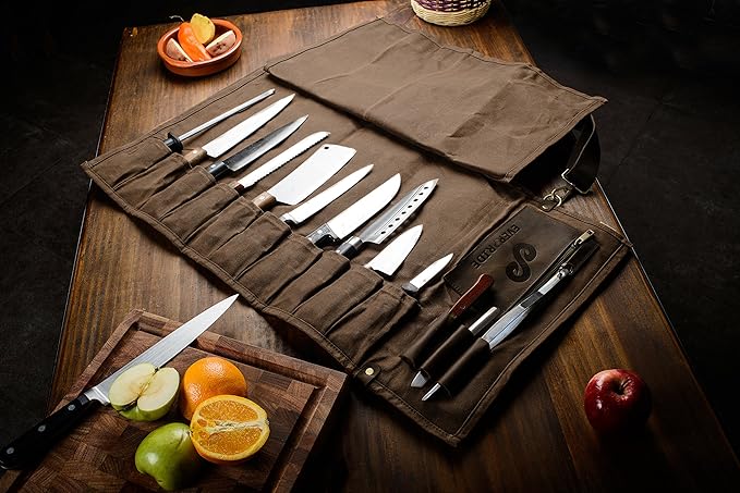 EVERPRIDE Waxed Canvas and Leather Chef Knife Roll Bag – Chef Bag Holds 10 Knives up to 15” PLUS Pocket for Cooking Accessories – Durable Knife Case for Professional Chefs – Knives Not Included