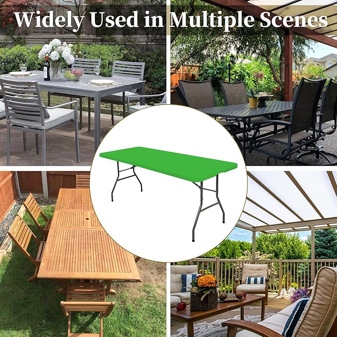 10 Pack Fitted Tablecloth for 8 Foot Rectangle Tables, Green Elastic Outdoor Picnic Table Cover, Washable Stretch Folding Table Cloths 8 ft for Camping Party Patio Kitchen Banquet, 30" W x 96" L