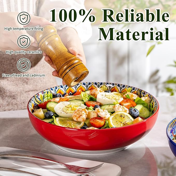 Red Large Serving Bowls Set of 2, Bohemian Style 10" Large Ceramic Bowls for Entertaining and Party, Bowls for Pasta Soup Fruit Ramen Cereal, Dishwasher Oven Safe