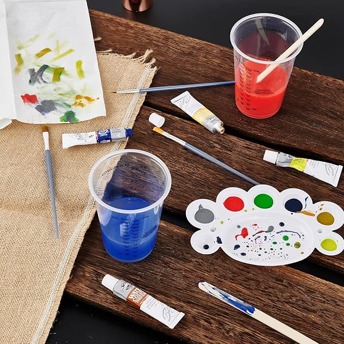 200 PACK Plastic Measuring Cups, 8 oz Disposable Mixing Cups with 100 Wooden Mixing Sticks, Can Be Used for Epoxy Resin, Liquid Measuring, Paint, Cooking and Baking