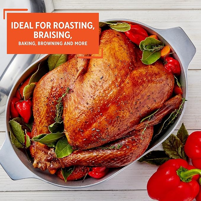 IMUSA 13in Cajun Cast Aluminum Oval Roaster with Lid, Durable Baking and Roasting Pan for Chicken, Meats, and Traditional Cooking