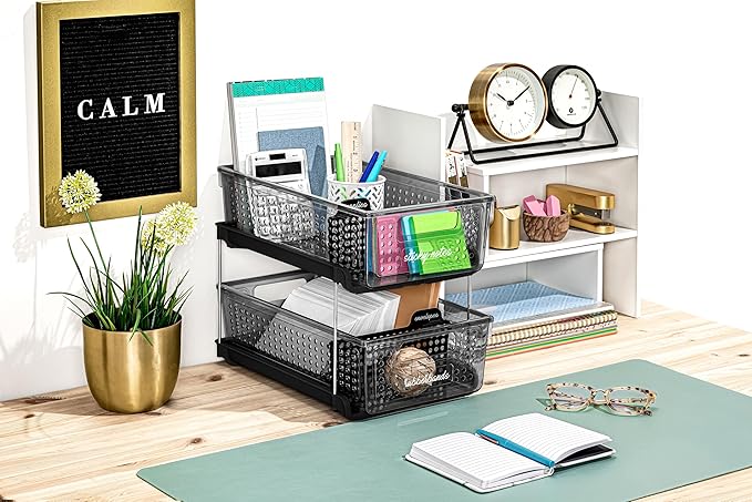 madesmart 2-Tier Organizer, Multi-Purpose Slide-Out Storage with Handles and Dividers for Home and Bath, BPA Free, Smoke